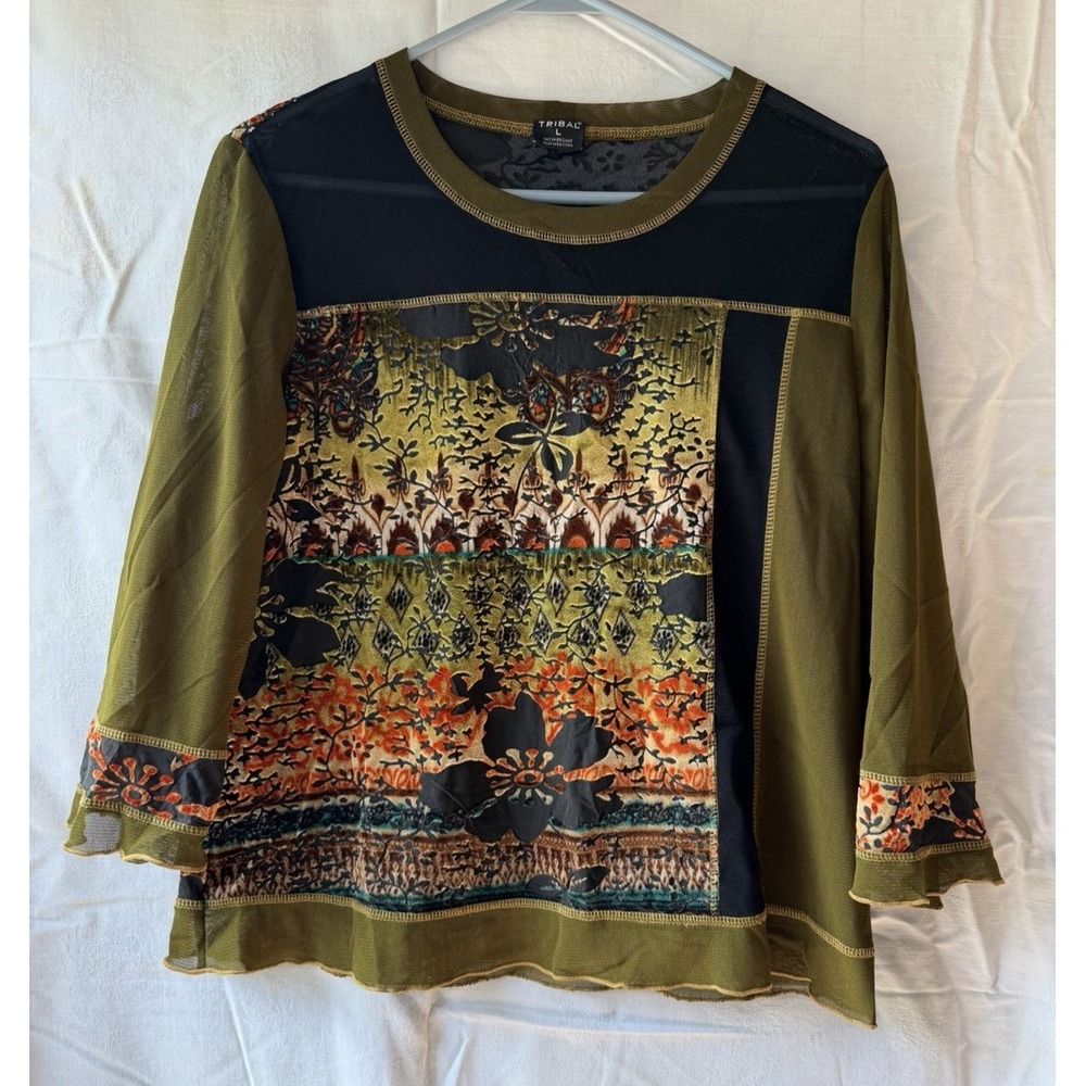 Tribal Womens Mesh & Velvet Blouse Size L Vintage Y2K Grunge Olive Green Fairy
